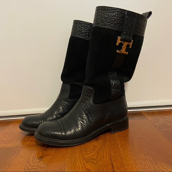 SOLD - Tory Burch Black Suede and Leather Embossed Boots - Picture 4 of 10